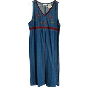 Vtg Erika & Co Petites Denim Midi Dress Womens PL Blue Embroidered Sleeveless